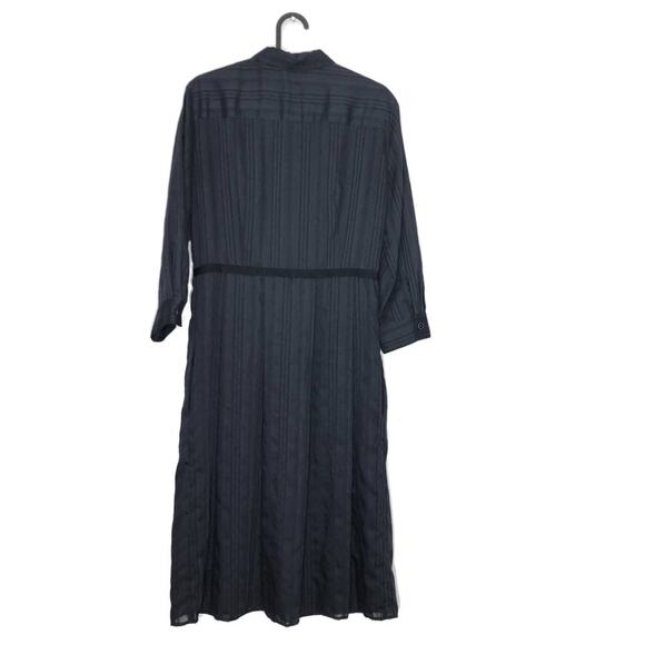 ATM Shirt Dress Pockets Pleated Stripe Button Navy Midi Knee Length Small - Picture 2 of 10